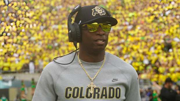 Deion Sanders on the sideline vs. Oregon